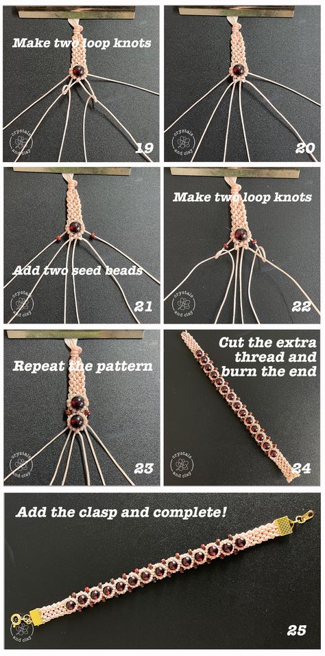 This jewelry DIY tutorial shows you step-by-step picture how to make a macrame bracelet with natural gemstone beads. You will learn three knotting techniques -- double half hitch knot, clove hitch knot and loop knot in this project, as well as to how to correctly use the clasps to finish off the bracelet. Step By Step Beaded Bracelets, Macrame Bracelet Step By Step, Macrame With Beads Diy, Bracelet Knotting Techniques, Beginner Bracelet Tutorial, Twine Bracelet Diy, Weave Bracelets Diy How To Make, Macrame Bracelets Diy Tutorial, Macrame Jewelry Step By Step