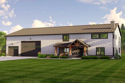 2-Story 4-Bedroom Barndominium with Front-Entry Garage (House Plan) 40 X 100 House Plans, 2 Story 4 Bed Barndominium Floor Plans, Corrugated Metal Siding, Barn Plan, Barn Style House Plans, Building House, Metal Barn, Barndominium Floor Plans, Safe Room