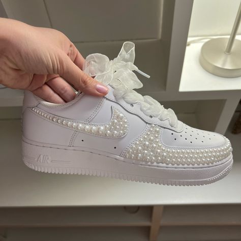 Never Worn Before Custom Made Pearl Air Force Ones. Got Them For My Wedding Reception But Never Changed Shoes. They Are So Cute And In Perfect Condition! I Changed The Laces To Ribbon But Still Have The Original Laces As Well Star Air Force 1, Custom Wedding Tennis Shoes, Bedazzled Quince Shoes, Custom Wedding Nikes, Pearl Air Force 1, Shoes For Prom Sneakers, Bedazzled Wedding Sneakers, White Wedding Tennis Shoes, Sweet Sixteen Shoes