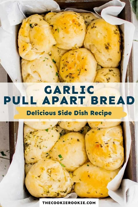 Bread Sides For Pasta, Homemade Pull Apart Bread, Quick Garlic Rolls, Homemade Garlic Pull Apart Bread, Side Bread Recipes, Bread For Dinner Meals, Garlic Bread Bites Pull Apart, Garlic Buns Pull Apart, Pull Apart Garlic Bread Recipe