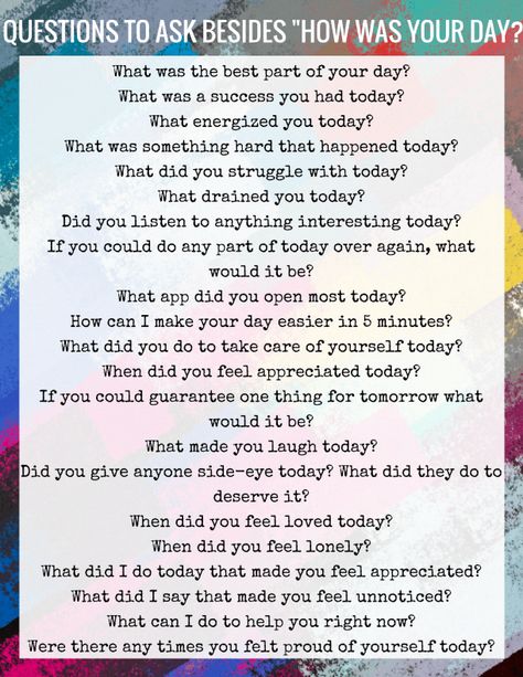 If you don't want lame answers, you can't ask lame questions. Here are some better questions to ask your spouse besides, "How was your day?" How Was Your Day, Questions To Ask Your Spouse, Love You Husband, Fun Questions To Ask, Icebreakers, Getting To Know Someone, Relationship Questions, Relationship Help, Marriage Relationship