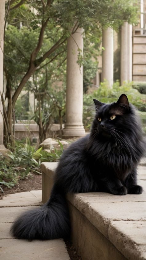 Black Cat Long Hair, Black Ragdoll Cat, Persian Black Cat, Long Haired Black Cat, Cat Majestic, Funny Cat Aesthetic, Majestic Black Cat, Black Fluffy Cat, Black Persian Cat