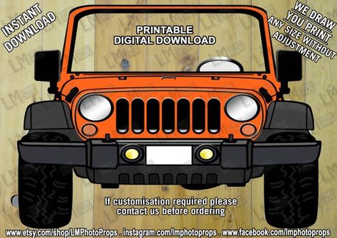 Dark Orange Jeep Style, Photo Booth Prop File, Jeep Prop File, Orange SUV, Jeep Photobooth, Weddings Jeep Birthday, Green Screen Photo Booth, Diy Fotokabine, Camouflage Party, Custom Number Plates, Auto Jeep, Safari Jeep, Printable Props, Army Party