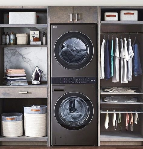 Master Closet With Washer And Dryer, Combo Washer Dryer, Lg Washtower, Washer Dryer Laundry Room, Small Master Closet, Small Laundry Closet, Master Closet Design, Laundry Nook, Stacked Laundry Room