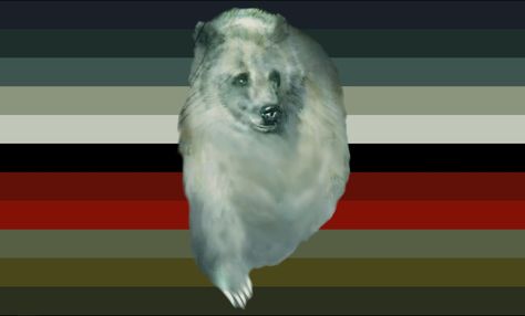 A flag with ten equal width stripes. From top to bottom : Three blue, two beige, one black, two red, three green. And a centered spirit bear icon. End description. Touching Spirit Bear, Spirit Bear, Alaska, Forest