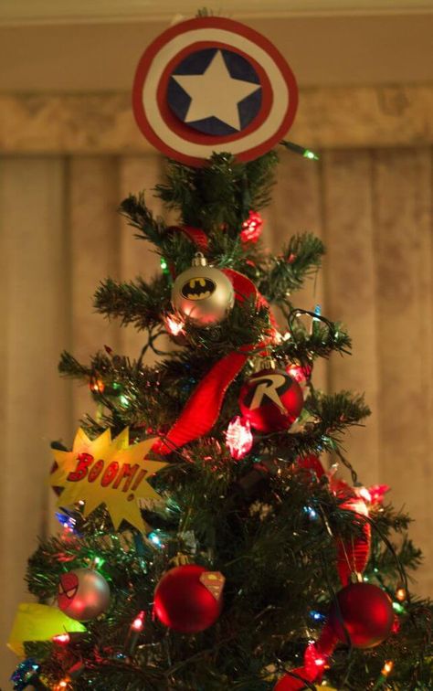 DIY Superhero Christmas Tree Super Hero Christmas Tree, Superhero Christmas Tree, Super Hero Christmas, Beer Bouquet, Superhero Socks, Superhero Christmas, Diy Superhero, Classic Comic Books, Making A Bouquet