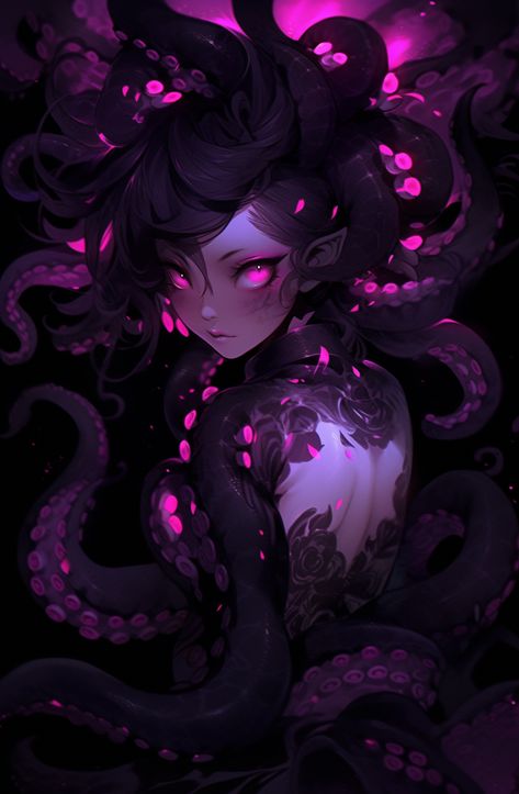 Shadow Tentacles, Eldritch Beauty, Demon Mermaid, Octopus Girl, Tentacle Hair, Fairy Pfp, Biro Art, Scary Animals, Pixies Fairies