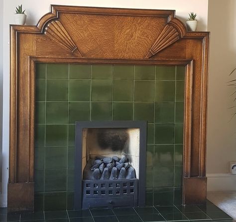 Art Deco Fireplace Makeover, 20s Fireplace, Woodburner Surround, Green Tile Fireplace, 1950s Fireplace, Art Deco Fireplace Surround, 1930s Fireplace, New Home Build Ideas, Deco Fireplace