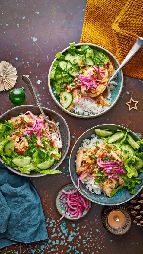 Bowls of turkey larb with cucumber, red onion and fresh herbs Turkey And Leek Pie, Turkey Larb, 2025 Rebrand, Christmas Leftovers Recipes, Christmas Turkey Recipes, Turkey Curry, Christmas Leftovers, Dinner Leftovers, Christmas Turkey