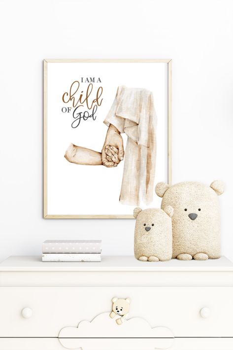 Christian Nursery Ideas, I Am A Child Of God, Catholic Nursery, Diy Nursery Art, Christian Baby Shower, Christian Nursery Decor, Neutral Watercolor, Christian Nursery