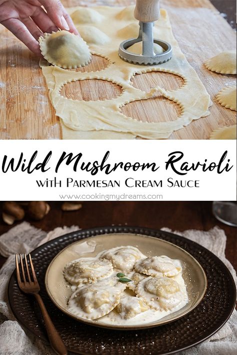 Making fresh homemade ravioli is one of the most rewarding things you can make. These delicious Mushroom Ravioli with a filling of Ricotta and Wild Mushrooms served with a creamy Parmesan sauce, will surely be a hit on your table. They're perfect for a weekend dinner or even a holiday feast with your family or friends. Ravioli Recipe Filling, Mushroom Ravioli Sauce, Wild Mushroom Ravioli, Ravioli Recipe Homemade, Creamy Garlic Parmesan Sauce, Pasta Ravioli, Fresh Pasta Recipes, Pasta Homemade, Pasta Fresh