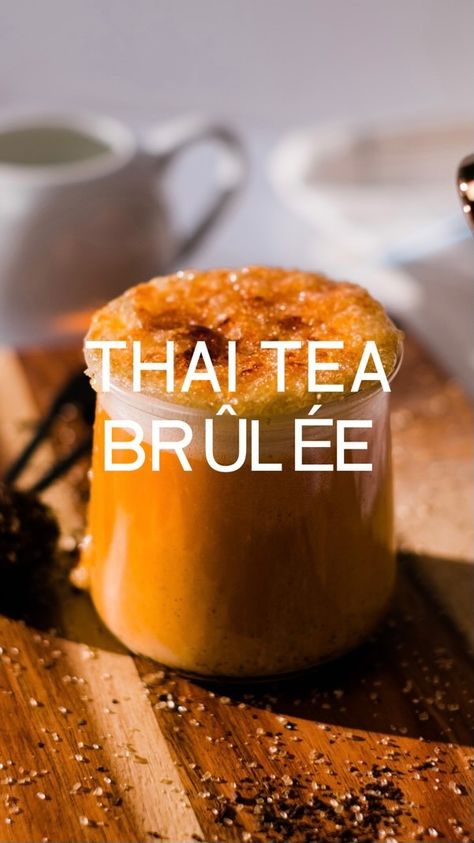 DAIRY-FREA THAI TEA BRÛLÉE: your perfect excuse to use a blowtorch Keywords: vegan, dairy free, egg free, Thai tea, boba, quick, easy, recipe, milk tea, perfect, dessert, vegetarian, meals, cooking, creme brûlée Creme Brulee Boba Tea Recipe, Creme Brulee Boba, Thai Tea Creme Brulee, Milk Tea Creme Brulee, Thai Milk Tea Boba, Brown Sugar Milk Tea Boba, Thai Tea Boba, Boba Tea Recipe, Thai Milk Tea