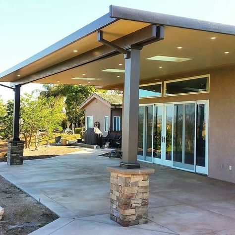 Steel Patio Cover, Patio With Skylight, Metal Covered Patio Ideas, Patio Cover With Skylights, Patio Columns Ideas, Partially Enclosed Patio Ideas, Covered Patio With Skylights, Aluminum Patio Covers Attached To House, Alumawood Patio Covers Ideas