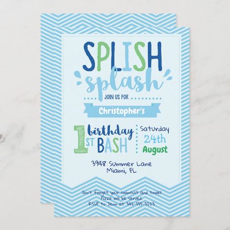 Pool Party 1st Birthday, Water Party Invitations, Boy Pool Party, Boys Pool Party Invitations, Splish Splash Party, Water Birthday, Summer Birthday Invitations, Pool Party Themes, Splash Party