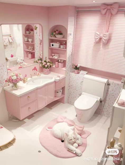 Cute Pink Bathroom Ideas, Pink Coquette Bathroom, My Melody Bathroom, Kawaii Bathroom Ideas, Cutecore Bathroom, Baby Pink Bathroom, Cute Pink Bathroom, Pink Aesthetic Bathroom, Pink Laundry Room