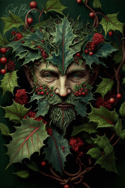 The Green Man At Christmas by gillbrooks Male Template, Guiseppe Arcimboldo, Fae Magic, Oak King, Holly King, The Green Man, Christmas Artwork, Dark Christmas, Pagan Art