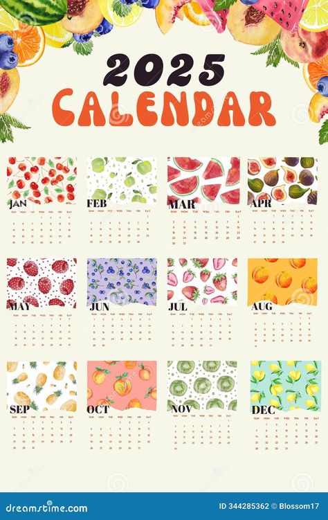 Printable 2025 calendar design template with fruit pattern, wall calendar design, poster calendar design. Ideal for journal, background and more. Happy New Year 2025. Desk Calendar Layout, January Fruits, Fruit Calendar, Fruit Pattern Illustration, Calendar Drawing, Mom Calendar, Journal Background, Wall Calendar Design, Poster Calendar