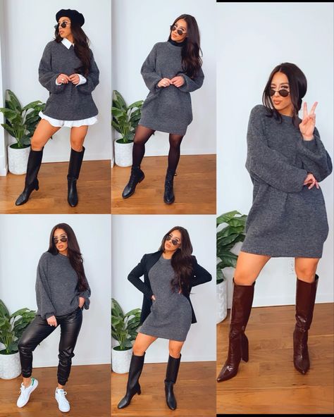 How To Style A Sweater Dress Midi, How To Style Sweater Dress, Short Sweater Dress Outfit, Sweater Dress Outfit Black Women, How To Style A Sweater Dress, Diy Sweater Dress, Oversized Sweater Dress Outfit, Dress Knee Boots, Beret Hat Outfit