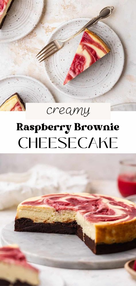 This raspberry brownie cheesecake has a creamy classic cheesecake filling with thick ribbons of raspberry puree on top of a fudgy brownie crust. It’s the perfect, decadent dessert for any occasion. Brownie Raspberry Cheesecake, Brownie Crust Cheesecake, Chocolate Crust Recipe, Rasberry Cheesecake, Raspberry Brownie, Cookie Dough Crust, Brownie Crust, Raspberry Puree, Brownie Pie