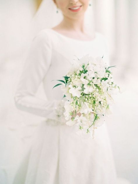 Lily Of The Valley Bridal Bouquet, Lily Of The Valley Wedding Bouquet, Lily Of The Valley Bouquet, Regal Style, Wedding Gowns With Sleeves, Classic Brides, White Wedding Bouquets, White Wedding Flowers, Classic Wedding Dress