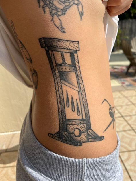 Jail Cell Tattoo, Traditional Guillotine Tattoo, Guillotine Tattoo, Jail Tattoos, Nice Tattoos, Tattoo Time, Jail Cell, Time Tattoos, Arm Tattoos