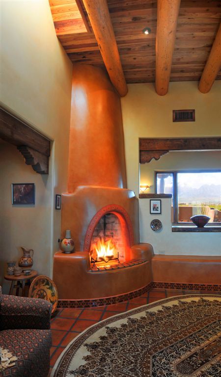 orange-brown kiva on white walls Adobe Fireplace, Southwest Living, Kiva Fireplace, New Mexico Homes, Adobe Home, Latest Interior Design Trends, Southwestern Home, Adobe House, Mexican Home