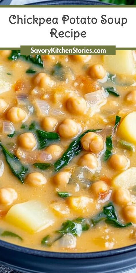 Dive into a bowl of goodness with our Chickpea Potato Soup Recipe! This vegan delight is packed with wholesome ingredients, making it a nutritious choice for any meal. Enjoy the rich flavors and creamy texture that will satisfy your taste buds and warm your soul! 🍲✨ #HealthyEating #SoupRecipes Chickpea And Noodle Soup, Potato Chickpea Soup, Dried Chickpea Soup Recipes, Chickpea And Leek Soup Jamie Oliver, Vegan Soup With Potatoes, Instant Pot Chickpea Soup, Vegan Soup Potato, Broccoli Chickpea Soup, Vegetable Soup Potato