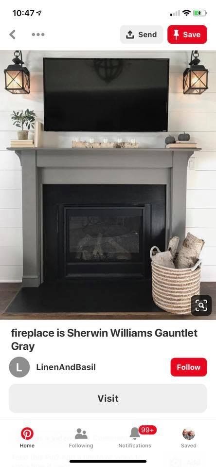 Dark Gray Fireplace, Gauntlet Gray Sherwin Williams, Painted Fireplace Mantels, Grey Fireplace, Gauntlet Gray, Sherwin Williams Gray, Dark Grey Walls, Paint Fireplace, Grey Paint