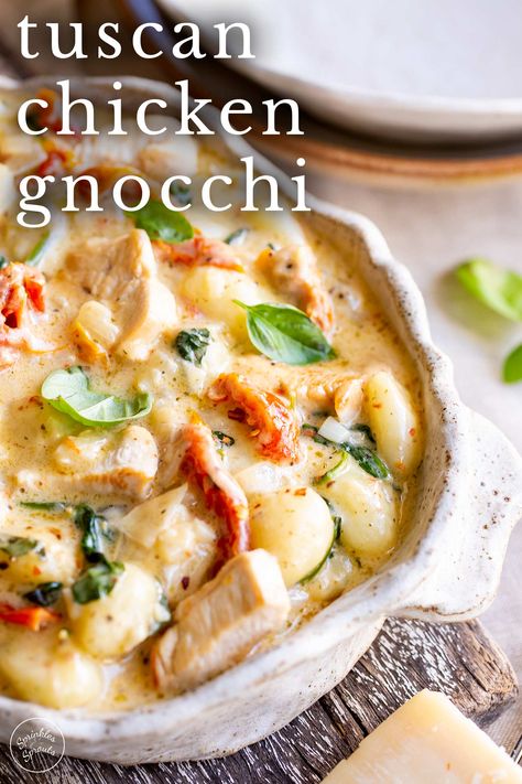 This Tuscan Chicken Gnocchi is a creamy one-pan meal for the whole family. But it is so simple that you can make it on a busy weeknight. Gnocchi is such a comforting dish; the soft fluffy pillows are wonderful, especially in this creamy, rich Tuscan cream sauce. This Tuscan Chicken Gnocchi is a nod to Italy rather than an Italian dish. Chicken, gnocchi sun-dried tomatoes, spinach, garlic, parmesan, and red pepper flakes are all mixed into creamy sauce. Tuscan Chicken Gnocchi, Gnocchi Cream Sauce, Gnocchi Dishes, Sprouts Recipes, Chicken Gnocchi, Family Dishes, Quick Food, Tuscan Chicken, Food Mood