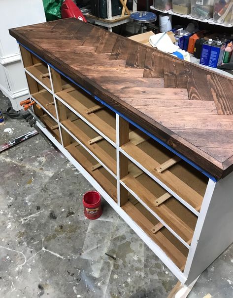 Herringbone dresser top.... — Beckwith's Treasures Diy Dresser Build Farmhouse, Herringbone Dresser Top, Wood Top Dresser Diy, Diy Dresser Top Makeover, Reface Dresser Drawer Fronts, Diy Large Dresser, Replace Dresser Top, Dresser Diy Build, Herringbone Dresser Diy