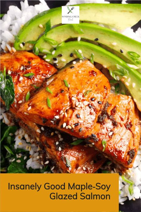 Insanely Good Maple-Soy Glazed Salmon - Winding Creek Ranch Maple Salmon Bites, Salmon Recipes Maple Syrup, Salmon With Maple Syrup, Maple Soy Glazed Salmon, Maple Soy Salmon, Maple Salmon Recipes, Salmon Marinade Recipes, Soy Glazed Salmon, Maple Salmon