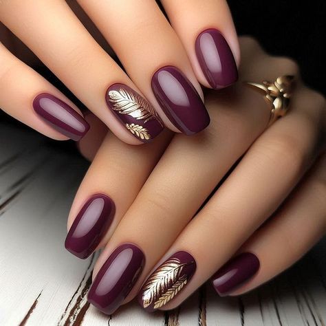 Plum Gel Nails Ideas, Chrome Accent Nail Ideas, Plum Nails With Design Fall, Plum And Gold Nails, Deep Plum Nails, Plum Fall Nails, Dark Purple Fall Nails, Aubergine Nails, Plum Nail Designs