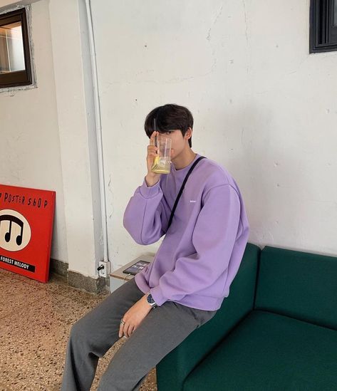 #korean #ulzzangboys #ulzzang #koreanstyle #cool #handsome #cute #OOTD #fashionstyle #fashion #outfits #boys #men Purple Sweater Outfit, Wanna Recreate, Sweater Outfit, Korean Boys, Purple Guy, Man Fashion, Man Style, Role Play