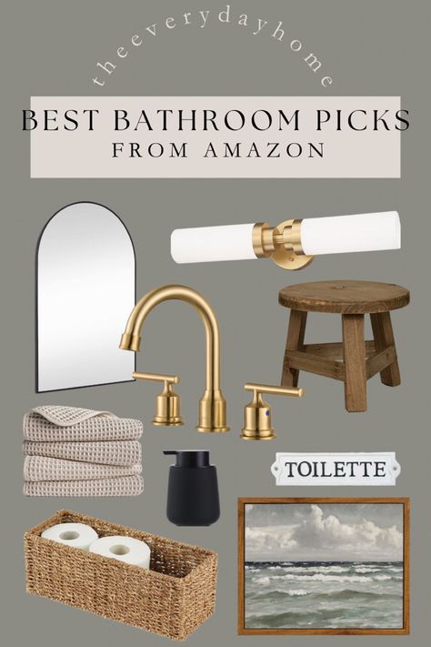 AMAZON BATHROOM PICKS AND FAVOURITES, amazon deals, bathroom decor, bathroom ideas, roundups Organic Bathroom Vanity, Small Bathroom With Gold Fixtures, Amazon Organic Modern, Black And Gold Bathroom Fixtures, Organic Modern Bathroom Decor, Gold Accents Bathroom, Bathroom Gold Fixtures, Bathroom With Gold Fixtures, Mixed Metal Bathroom