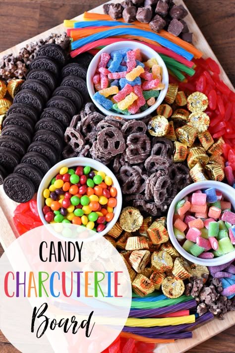 Candy Charcuterie Board-This fun spin on an old classic is perfect for a kid's birthday party or any party you're throwing. If you're looking for fun and creative charcuterie board ideas, this is it! #charcuterieboard #birthdaypartyideas #birthdaypartyfood Candy Charcuterie Board Ideas, Candy Charcuterie Board, Chocolate Board, Candy Charcuterie, Candy Board, Charcuterie Board Ideas, Movie Night Snacks, Charcuterie Inspiration, Snack Board