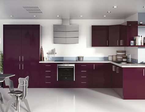 Acrylic Violet Gloss Kitchen Ideas Scandinavian, Violet Decor, Purple Kitchen Decor, Laminate Kitchen Cabinets, Brown Kitchen Cabinets, Yellow Kitchen Decor, Tv Unit Interior Design, Purple Kitchen, Kitchen Cupboard Designs