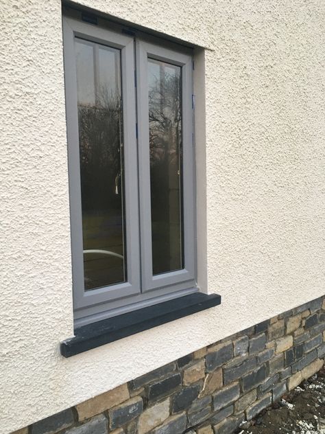 Welsh slate sill with light grey pvc window T bar detail natural Welsh grey stonework Window Sill Exterior, Stone Window Sill, Grey Window Frames, House Window Design, Grey Windows, Bar Detail, Pvc Windows, Nordic Living, Window Trim