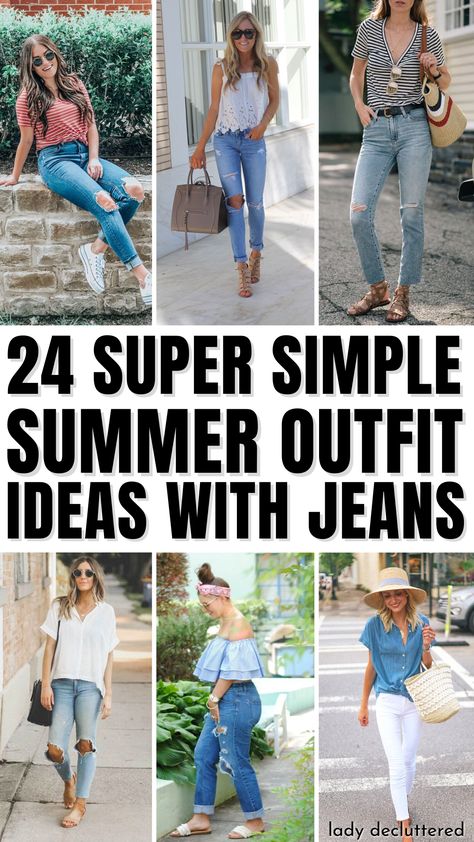 24 Super Simple Summer Outfit Ideas with Jeans Hot Weather Jeans Outfit, Super Casual Date Outfit, Casual Date Outfit Summer Jeans, Summer Breakfast Outfits Casual, Cute Summer Evening Outfits, Summer Movie Date Outfit Casual, How To Style Jeans In Summer, Casual Weekend Outfits For Women Summer, Summer Fashion Jeans