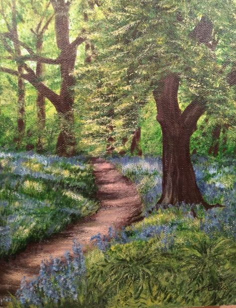 Forest Aesthetic Painting Easy, Painting Ideas Forest Easy, How To Paint A Forest Acrylic, Spring Forest Painting, Forest Canvas Painting Easy, Forest Easy Painting, Fairycore Painting Ideas, Tree Paintings Acrylic, Forest Painting Aesthetic