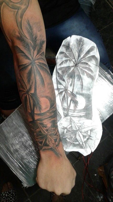 Beach Arm Tattoo For Men, Florida Tattoo Ideas For Men, Strand Tattoo, Florida Tattoo, Portrait Tattoo Sleeve, Tree Sleeve Tattoo, Calf Tattoo Men, Arm Tattoos Black, Memorial Tattoo Ideas