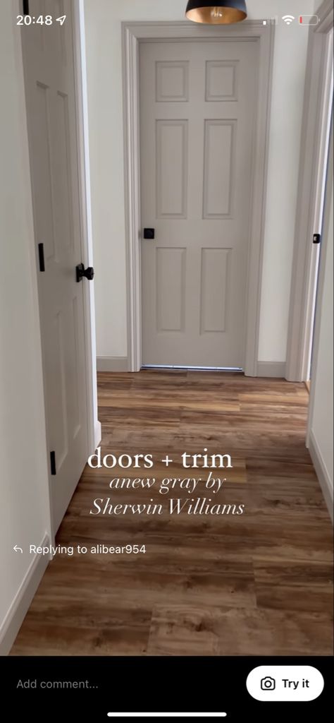 Indoor Hallway Ideas, Anew Grey Trim, Greige Doors And Trim, Greige Trim And Doors, Anew Gray Trim And Doors, Taupe Baseboards And Trim, White Walls Painted Doors, Painted Trim White Walls, Gray Trim White Walls