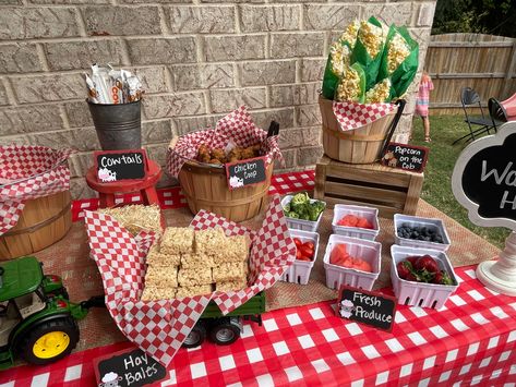 Ranch Party Theme Farm Birthday, Second Birthday Barnyard Theme, Farmyard Themed Birthday Party, Barnyard Brunch Farm Party, Barnyard Birthday Party Games, Old Mcdonald 1st Birthday Party, Farmyard Birthday Party Food, Farm Theme Table Decorations, Three I E I O Birthday Party