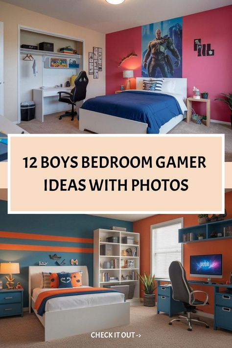 12 Boys Bedroom Gamer Ideas with Photos Small Gaming Area In Bedroom, Mario Inspired Bedroom, Game Room Boys Bedroom, Little Boy Gamer Bedroom, Gaming Theme Bedroom, Kids Gamer Bedroom Ideas, Kids Gaming Setup, Boys Gaming Setup, Closet Gaming Setup