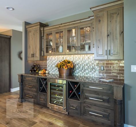 Beverage Station Kitchen, Kitchen Beverage Center, Rustic Style Kitchen, Open Plan Design, Distressed Kitchen Cabinets, Kitchen Wet Bar, New Home Build, Accessible Kitchen, Distressed Kitchen