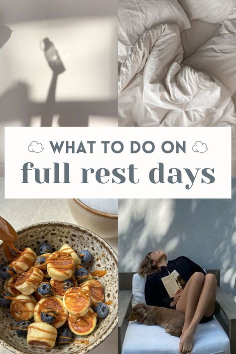 Sometimes you also just need a f*cking break though, so pain or not, I endorse your decision to take a full rest day. I'm sure you already have a full list of things you want to do (even if that list is just "lay in bed"), here are a couple of ideas to add to it.  Click through for our complete guide to rest days 👉🏼 Rest Day Activities, What To Do On A Rest Day, What To Do On Rest Day, Rest Day Routine, Active Rest Day Ideas, Ways To Rest, How To Rest, Rest Day Aesthetic, Rest Day Ideas