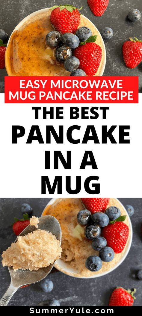 Learn to make mug pancakes! This pancake in a mug recipe is the ultimate easy breakfast hack for lazy weekend mornings. Get tips on how to make pancakes in microwave that are vegan and gluten free, as well as a protein-packed Kodiak pancake in a mug. You’ll love this 1 minute, 1 cup pancake recipe that’s thick yet fluffy, and perfect with a variety of pancake toppings. #breakfast #vegan #vegetarian #highcalorie #easymeals Pancake Mix In A Mug, Pancake In A Cup, Lazy Pancake Bowl, Kodiak Mug Pancake, Kodiak Microwave Pancake, Kodiak Pancake Mix Recipes Microwave, Protein Pancake In A Mug, Protein Pancake Bowl Microwave, Mug Pancake Microwave