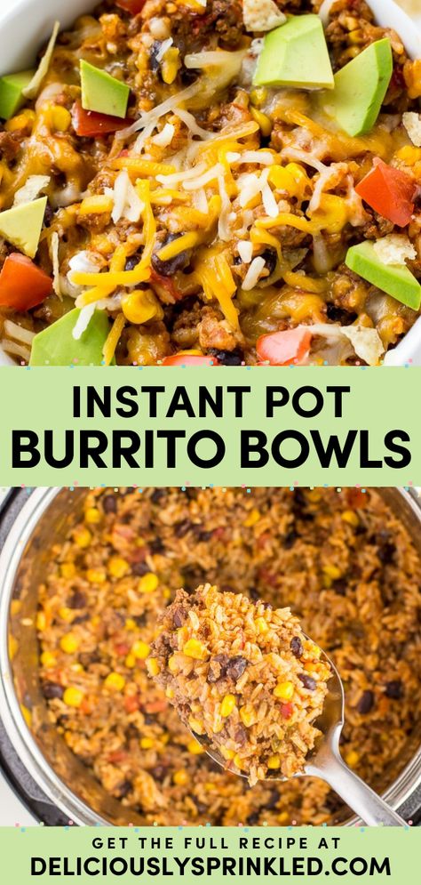 A ground beef recipe for dinner in the pressure cooker! You'll love these Instant Pot Burrito Bowls. They're an easy weeknight meal with your favorite burrito flavors minus the tortilla! They're also great to make ahead for a simple lunch idea! Instant Pot Burrito Bowl, Instant Pot Burrito, Pressure Cooker Recipes Chicken, Beef Recipe Instant Pot, Burrito Bowls Recipe, Instant Pot Pasta Recipe, Healthy Ground Beef, Recipe For Dinner, Burrito Bowls