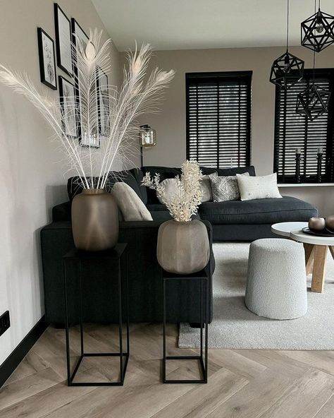 How gorgeous is this living room... Currently swooning over how great of a contrast these neutral and dark colours look against each other in @stylingbynine home. Large vases are in right now and add so much detail to a blank canvas 🤍 Dark Sofa Living Room, Black Sofa Living Room Decor, Black Couch Living Room, Dark Grey Couch Living Room, Black Sofa Living Room, Large Vases, Grey Sofa Living Room, Black Living Room Decor, Living Room Decor Gray