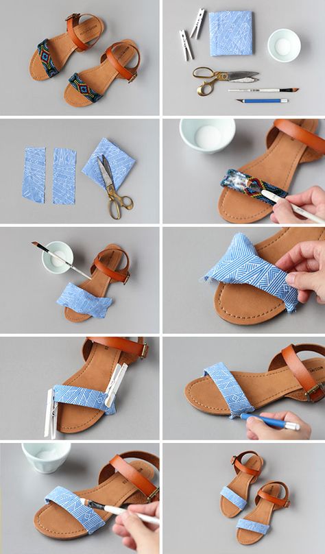 Diy sandal makeover- This would work great for a yard sale find or for those outdated shoes you just love! Shoe Refashion, Shoe Makeover, Fabric Sandals, Diy Sandals, Diy Slippers, Diy Clothes And Shoes, Shoes Hack, Diy Vetement, Shoe Crafts