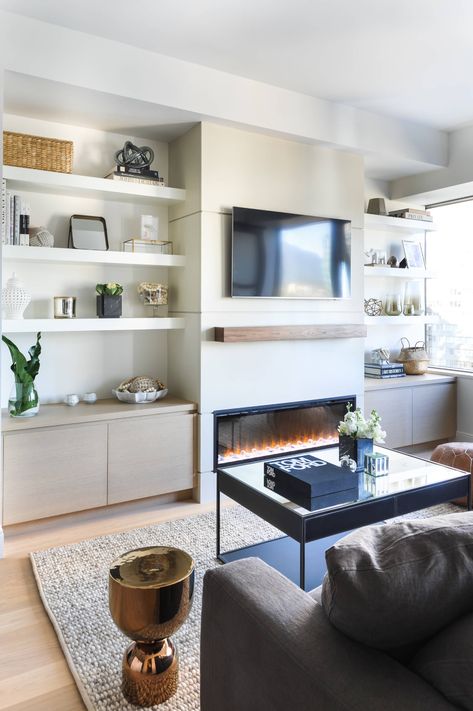 Narrow Fireplace, Historic Home Remodel, Interior Design Family Room, Tv Unite, Fireplace Bookshelf, Wide Shelves, Contemporary Family Room, Feature Wall Living Room, Built In Shelves Living Room